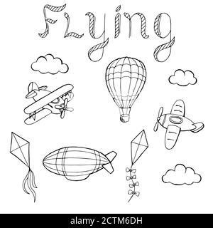 Flying airplane balloon airship kite cloud graphic art black white isolated illustration vector Stock Vector