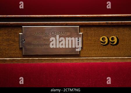 (200924) -- PARIS, Sept. 24, 2020 (Xinhua) -- Photo taken on Sept. 23, 2020 shows a commemorative plaque in tribute to late former French president Jacques Chirac at the auditorium of the National Assembly in Paris, France. An inauguration ceremony was held Wednesday here after a commemorative plaque in tribute to Jacques Chirac was installed at the auditorium of the National Assembly. (Photo provided by Jack Chan/Xinhua) Stock Photo