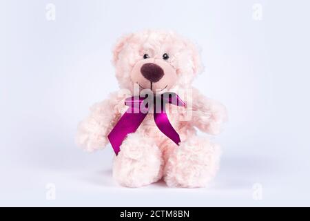 Teddy bear furry toy for kids isolated on white background. Cheerful posotive romantic bear. Stock Photo