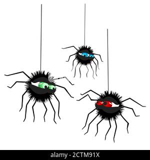 Spider isolated on white background. Cute angry black spiders hanging on string of cobwebs. For to celebrate Halloween party.Stock vector illustration Stock Vector