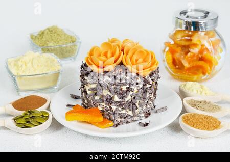 Healthy food, cake with ingredients. Healthy and gluten-free cooking Stock Photo