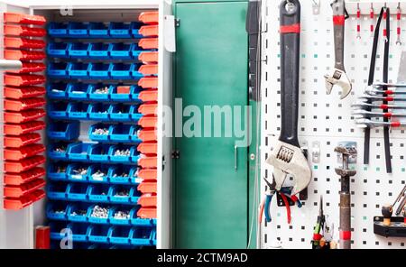 Tools in a workshop, selective focus. Stock Photo