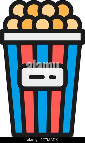 Vector bucket of popcorn, takeaway flat color line icon. Stock Vector
