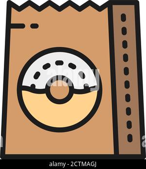 Donuts in bag, food package, takeaway flat color line icon. Stock Vector