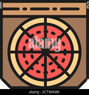Pizza in box, fast food takeaway flat color line icon. Stock Vector