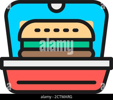 Burger in packing, fast food takeaway flat color line icon. Stock Vector