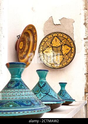 Moroccan pottery in Medina of Essaouira.Colorful tagine plates  Stock Photo