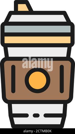 Disposable cup with hot drink, coffee takeaway flat color line icon. Stock Vector
