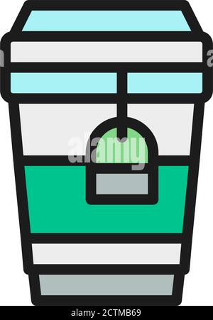 Tea in disposable cardboard cup, takeaway flat color line icon. Stock Vector