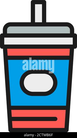 Disposable cup with drink, takeaway flat color line icon. Stock Vector