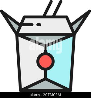 Chinese food in box with bamboo chopsticks, takeaway flat color line icon. Stock Vector