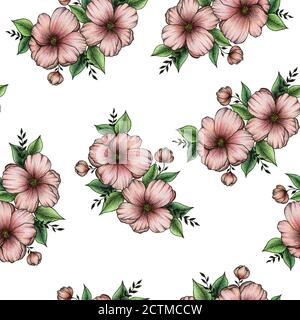 seamless floral pattern with pink peachy flower bouquet, spring and summer floral background, hand made design for banner, poster, card, invitation Stock Photo