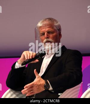 Former chairman of the NATO Military Committee and founder of the Together Stronger initiative general Petr Pavel, wearing a shield, speaks during a d Stock Photo