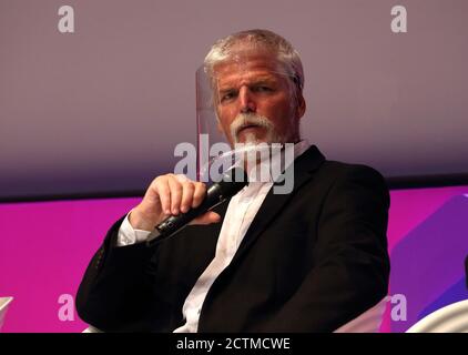 Former chairman of the NATO Military Committee and founder of the Together Stronger initiative general Petr Pavel, wearing a shield, speaks during a d Stock Photo