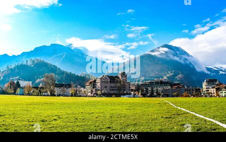 Village Interlaken. Well-known tourist destination in the Bernese Highlands region of the Swiss Alps, and the main transport gateway to the mountains Stock Photo