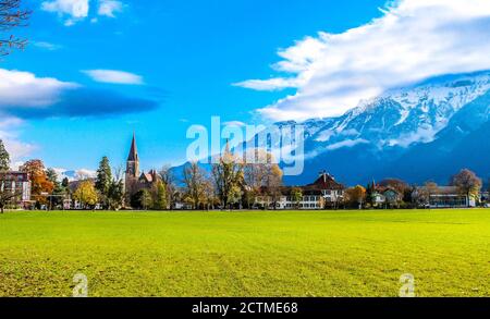 Village Interlaken. Well-known tourist destination in the Bernese Highlands region of the Swiss Alps, and the main transport gateway to the mountains Stock Photo