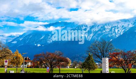 Village Interlaken. Well-known tourist destination in the Bernese Highlands region of the Swiss Alps, and the main transport gateway to the mountains Stock Photo