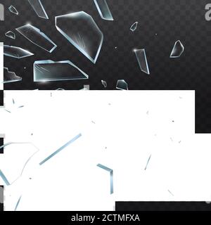 Broken glass pieces. Shattered glass on black background. Vector realistic illustration Stock Vector