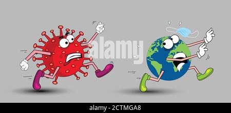 Vector cartoon figure drawing conceptual illustration of corona virus chasing running glob. COVID-19 virus with disinfection or disinfectant. Stock Vector