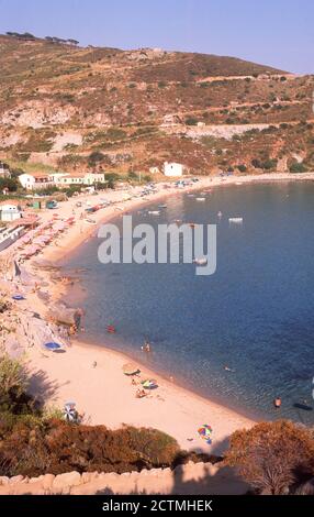 1960s, historical view from this era, from above, of the bay at Cavoli, Elba, Tuscany, Italy. Stock Photo