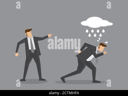 Bad luck business executive with a raining cloud above his head reprimanded by manager to get out. Creative cartoon vector illustration for concept on Stock Vector