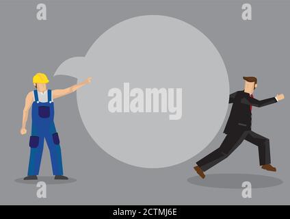 Worker in yellow hard hat and blue overall pointing away and businessman in suit running away. Creative vector illustration with speech balloon for co Stock Vector