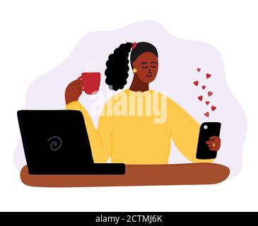 black african woman sits with laptop and smartphone. Blogging, remote work. Social network. Communication in social media. Cartoon vector illustration Stock Vector