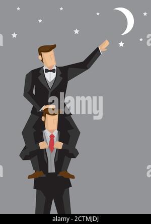Cartoon man sitting on shoulders of his partner and reaching for the crescent moon in the sky. Vector illustration for aiming high and working with a Stock Vector