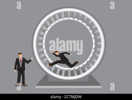 Cartoon employee running hard in giant spinning human hamster wheel. Cartoon business illustration on corporate rat race metaphor isolated on grey bac Stock Vector