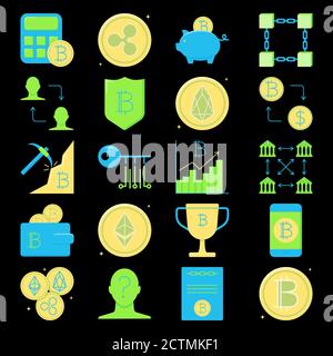 Bitcoin and altcoins icon set in flat style Stock Vector