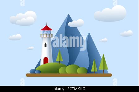 Lighthouse with clouds, mountains, roks andtree. Lighthouse in ocean for navigation illustration. Island landscape Stock Photo