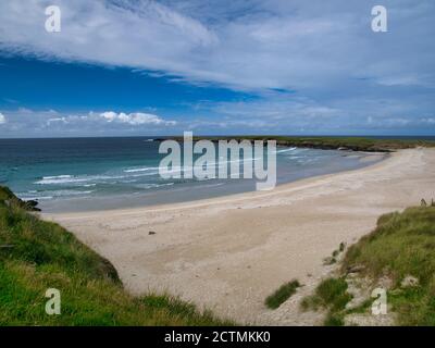 The deserted, pristine Sands of Breckon on the north coast of the island of Yell in Shetland, UK