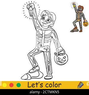 Halloween coloring with colored example cute skeleton Stock Vector