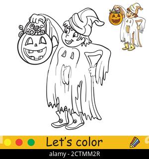 Halloween coloring with colored example cute ghost Stock Vector