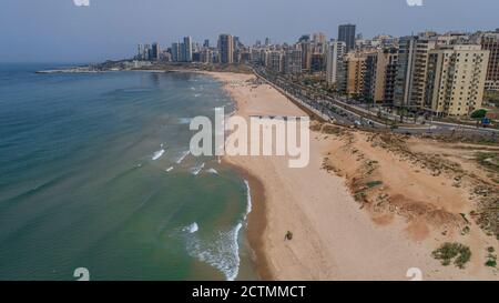 Beirut City seaside Aerial View Cityscape and Sand Beach Stock Photo