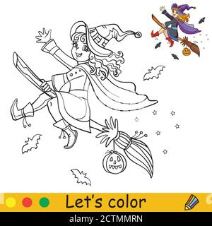 Halloween coloring with colored example cute witch Stock Vector