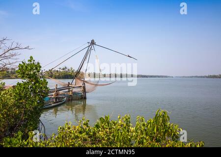 India, Kerala, Cochin - Kochi, Vipin Island, Chinese fishing nets Stock Photo