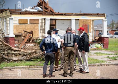 President Trump in Louisiana. President Donald J. Trump visits a neighborhood Saturday, Aug, 29, 2020, in Lake Charles, La., to view damage caused by Hurricane Laura. Stock Photo
