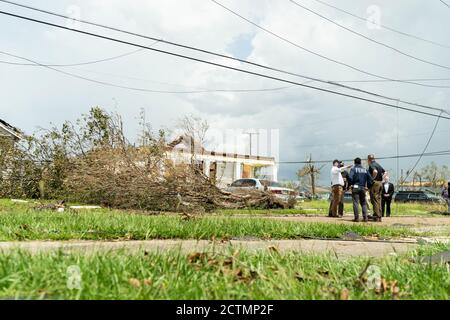 President Trump in Louisiana. President Donald J. Trump visits a neighborhood Saturday, Aug, 29, 2020, in Lake Charles, La., to view damage caused by Hurricane Laura. Stock Photo