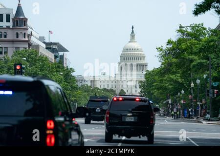 President Trump Arrives on Capitol Hill. President Donald J. Trump’s motorcade makes its way toward Capitol Hill to attend a Senate Republican policy luncheon Tuesday, May 19, 2020, in Washington, D.C. Stock Photo