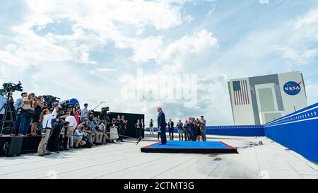 SpaceX Demonstration Mission 2 Launch. President Donald J. takes questions from the press at the Operational Support Building Saturday, May 30, 2020, following the successful SpaceX Demonstration Mission 2 launch at the Kennedy Space Center Cape Canaveral, Fla. Stock Photo