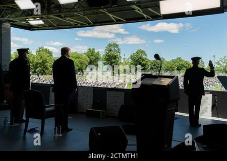 President Trump at the U.S. Military Academy Graduation. President Donald J. Trump watches as the 2020 United States Military Academy graduating class takes the oath of office at the conclusion of their commencement ceremony Saturday, June 13, 2020, in West Point, N.Y. Stock Photo
