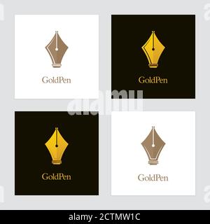 Gold colored fountain pen icons with castle symbols. Vector logo designs for authors, publishers and educational institutions. Stock Vector