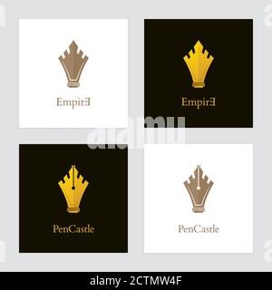 Gold colored castle and fountain pen icons. Vector logo designs for authors, publishers and educational institutions. Stock Vector