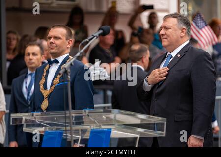 Secretary Pompeo Visits the “Thank You America” Memorial . Secretary of State Michael R.  Pompeo visits the “Thank You America” Memorial, in Pilsen, Czech Republic, on August 11, 2020. Stock Photo