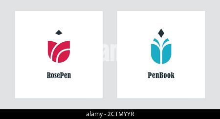 Pencil logos with rose and book symbols. Vector logo designs for bookstores, authors, publishers and educational institutions. Stock Vector
