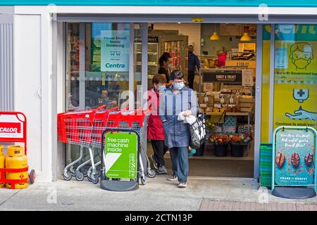 Ardara, County Donegal, Ireland 24th September 2020. Shoppers leave the local supermarket amidst concern at the increasing number of cases of Coronavirus, Covid-19, in the north-west county. Stock Photo