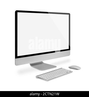 Computer monitor with keyboard and mouse, side view, isolated on white Stock Photo