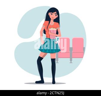 A girl in a movie theater with popcorn and stereo glasses. Young beautiful girl with long dark hair in a stylish plaid skirt on the background of movie chairs. Oriental girl. Flat isolated drawing for a website, app, entertainment advertising, movie theater, and movies Stock Vector