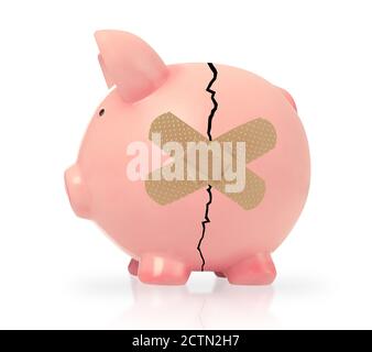 Broken piggy bank with band aid, white background Stock Photo